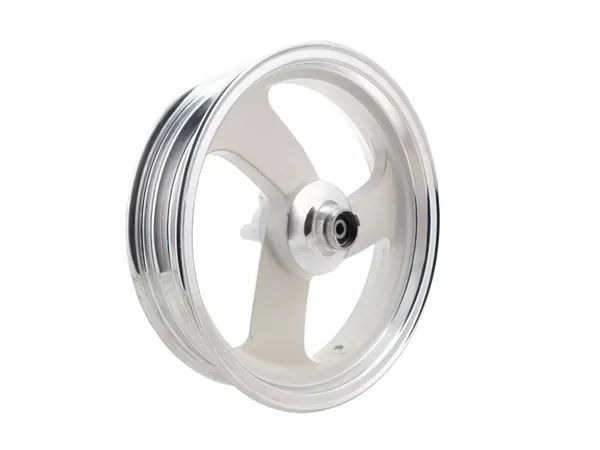 Front Wheel (13X3) 3 spokes (aluminium) Yamaha BW's \/ Booster white\/brushed rim